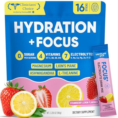 Venture Pal 2-in-1 Hydrationspackungen + Fokusunterstützung Elektrolyte Pulver, 7 Elektrolyte + Vitamine, Magnesium, Löwenmähne & L-Theanin | Zuckerfreier Liquid Daily IV Drink Mix, Vegan, Keto, 16 Sticks