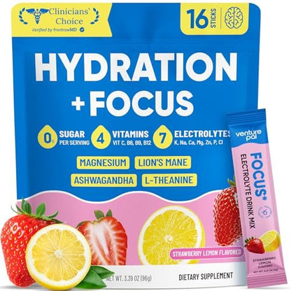 Venture Pal 2-in-1 Hydrationspackungen + Fokusunterstützung Elektrolyte Pulver, 7 Elektrolyte + Vitamine, Magnesium, Löwenmähne & L-Theanin | Zuckerfreier Liquid Daily IV Drink Mix, Vegan, Keto, 16 Sticks