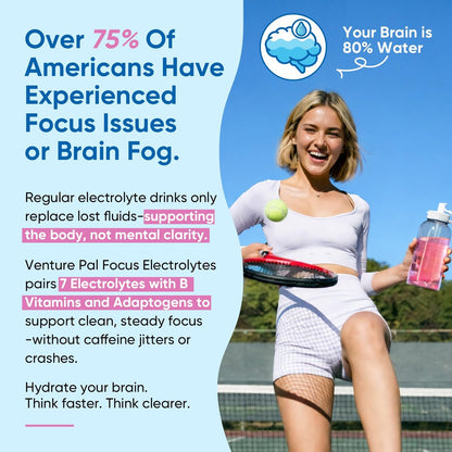 Venture Pal 2-in-1 Hydrationspackungen + Fokusunterstützung Elektrolyte Pulver, 7 Elektrolyte + Vitamine, Magnesium, Löwenmähne & L-Theanin | Zuckerfreier Liquid Daily IV Drink Mix, Vegan, Keto, 16 Sticks