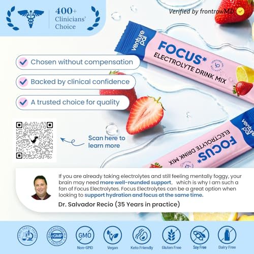Venture Pal 2-in-1 Hydrationspackungen + Fokusunterstützung Elektrolyte Pulver, 7 Elektrolyte + Vitamine, Magnesium, Löwenmähne & L-Theanin | Zuckerfreier Liquid Daily IV Drink Mix, Vegan, Keto, 16 Sticks