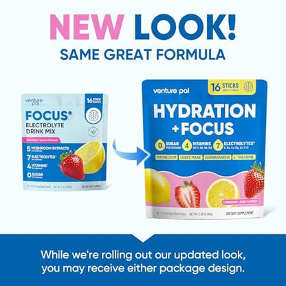 Venture Pal 2-in-1 Hydrationspackungen + Fokusunterstützung Elektrolyte Pulver, 7 Elektrolyte + Vitamine, Magnesium, Löwenmähne & L-Theanin | Zuckerfreier Liquid Daily IV Drink Mix, Vegan, Keto, 16 Sticks
