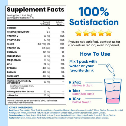 Venture Pal 2-in-1 Hydrationspackungen + Fokusunterstützung Elektrolyte Pulver, 7 Elektrolyte + Vitamine, Magnesium, Löwenmähne & L-Theanin | Zuckerfreier Liquid Daily IV Drink Mix, Vegan, Keto, 16 Sticks