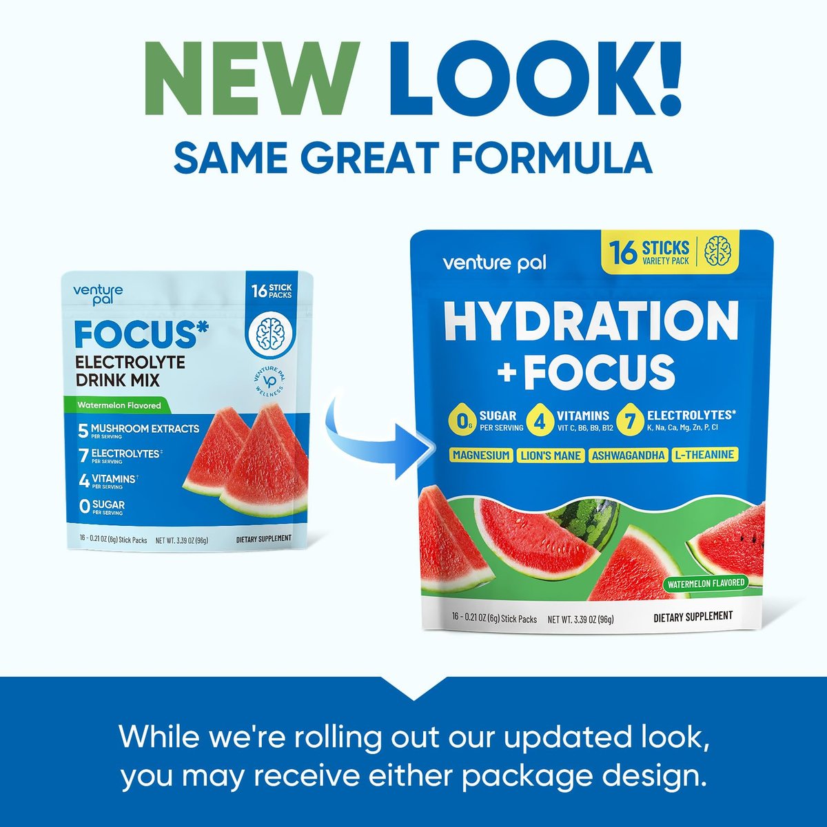 Venture Pal 2-in-1 Hydration & Fokus Elektrolytpulver – 7 Elektrolyte + Vitamine, Magnesium, Löwenmähne & L-Theanin | Zuckerfreier Flüssig-IV Drink Mix, Vegan, Keto, 16 Sticks