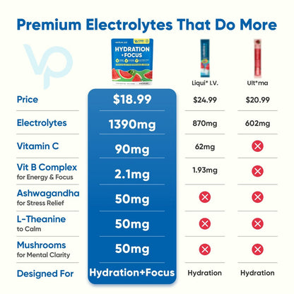 Venture Pal 2-in-1 Hydration & Fokus Elektrolytpulver – 7 Elektrolyte + Vitamine, Magnesium, Löwenmähne & L-Theanin | Zuckerfreier Flüssig-IV Drink Mix, Vegan, Keto, 16 Sticks