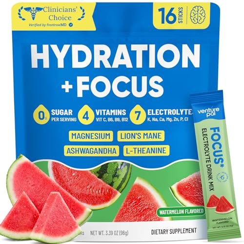Venture Pal 2-in-1 Hydration & Fokus Elektrolytpulver – 7 Elektrolyte + Vitamine, Magnesium, Löwenmähne & L-Theanin | Zuckerfreier Flüssig-IV Drink Mix, Vegan, Keto, 16 Sticks