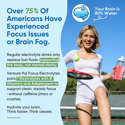 Venture Pal 2-in-1 Hydration & Fokus Elektrolytpulver – 7 Elektrolyte + Vitamine, Magnesium, Löwenmähne & L-Theanin | Zuckerfreier Flüssig-IV Drink Mix, Vegan, Keto, 16 Sticks
