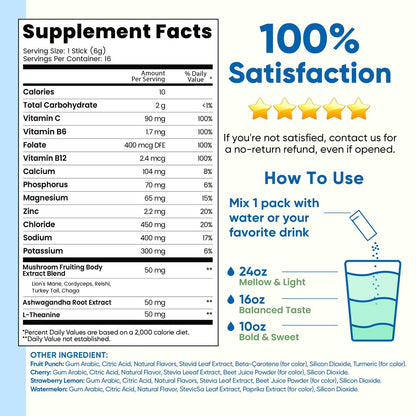 Venture Pal 2-in-1 Hydration & Fokus Elektrolytpulver – 7 Elektrolyte + Vitamine, Magnesium, Löwenmähne & L-Theanin | Zuckerfreier Flüssig-IV Drink Mix, Vegan, Keto, 16 Sticks