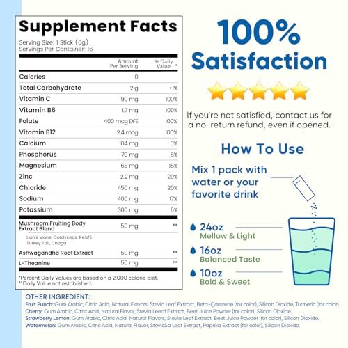 Venture Pal 2-in-1 Hydration & Fokus Elektrolytpulver – 7 Elektrolyte + Vitamine, Magnesium, Löwenmähne & L-Theanin | Zuckerfreier Flüssig-IV Drink Mix, Vegan, Keto, 16 Sticks