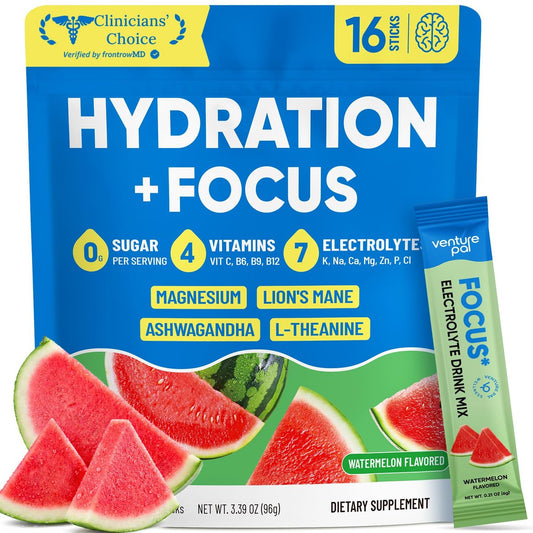 Venture Pal 2-in-1 Hydration & Fokus Elektrolytpulver – 7 Elektrolyte + Vitamine, Magnesium, Löwenmähne & L-Theanin | Zuckerfreier Flüssig-IV Drink Mix, Vegan, Keto, 16 Sticks