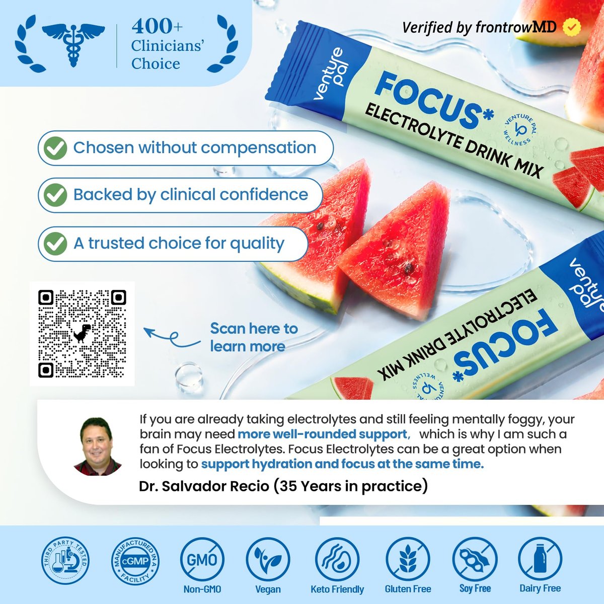 Venture Pal 2-in-1 Hydration & Fokus Elektrolytpulver – 7 Elektrolyte + Vitamine, Magnesium, Löwenmähne & L-Theanin | Zuckerfreier Flüssig-IV Drink Mix, Vegan, Keto, 16 Sticks