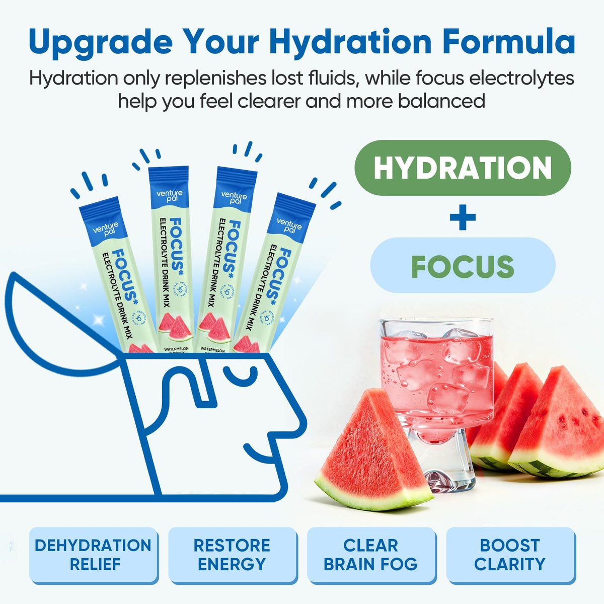 Venture Pal 2-in-1 Hydration & Fokus Elektrolytpulver – 7 Elektrolyte + Vitamine, Magnesium, Löwenmähne & L-Theanin | Zuckerfreier Flüssig-IV Drink Mix, Vegan, Keto, 16 Sticks