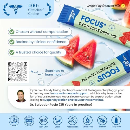 Venture Pal 2-in-1 Hydration & Fokus Elektrolytpulver – 7 Elektrolyte + Vitamine, Magnesium, Löwenmähne & L-Theanin | Zuckerfreier Flüssig-IV Drink Mix, Vegan, Keto, 16 Sticks