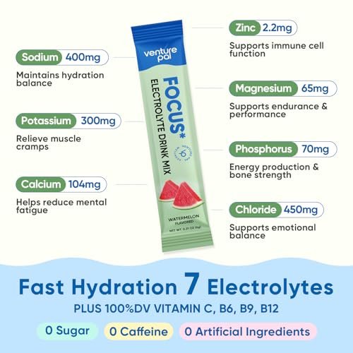 Venture Pal 2-in-1 Hydration & Fokus Elektrolytpulver – 7 Elektrolyte + Vitamine, Magnesium, Löwenmähne & L-Theanin | Zuckerfreier Flüssig-IV Drink Mix, Vegan, Keto, 16 Sticks