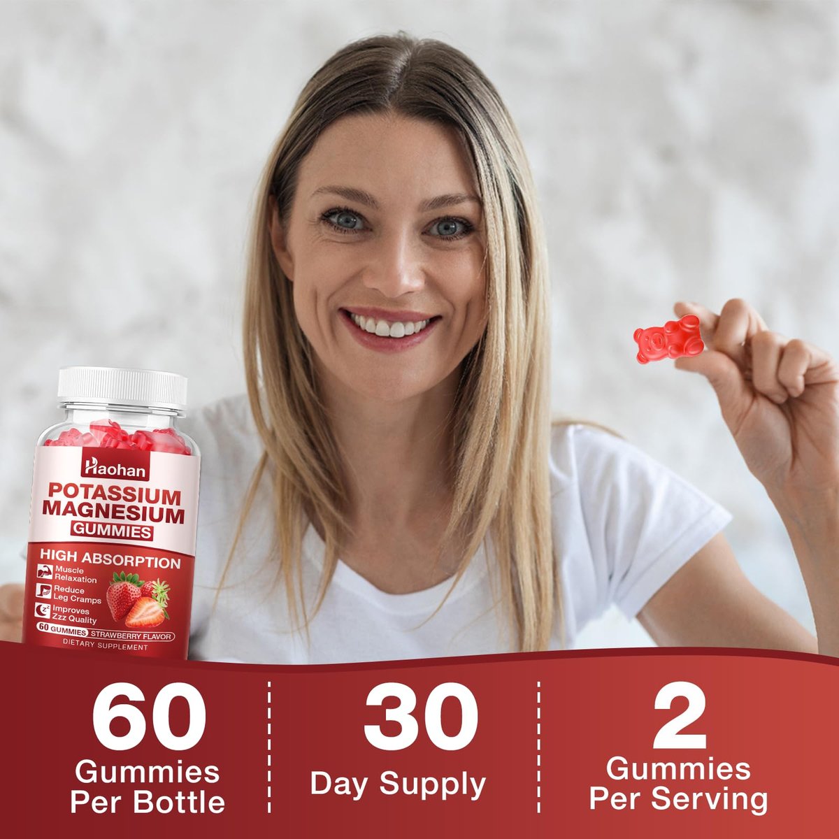 Kalium Magnesium Gummibärchen mit Elektrolyten & Vitaminen – Magnesiumglycinat, Kaliumcitrat, Calcium, Vitamine B6, D3 & K2 für Muskelfunktion & Erholung – Vegan, Erdbeer, 60 Stück