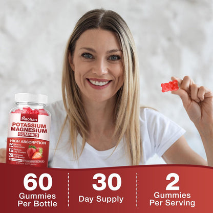 Kalium Magnesium Gummibärchen mit Elektrolyten & Vitaminen – Magnesiumglycinat, Kaliumcitrat, Calcium, Vitamine B6, D3 & K2 für Muskelfunktion & Erholung – Vegan, Erdbeer, 60 Stück