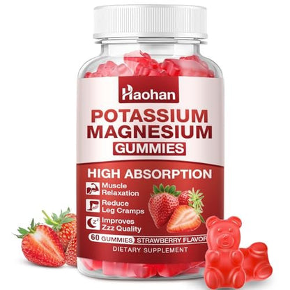Kalium Magnesium Gummibärchen mit Elektrolyten & Vitaminen – Magnesiumglycinat, Kaliumcitrat, Calcium, Vitamine B6, D3 & K2 für Muskelfunktion & Erholung – Vegan, Erdbeer, 60 Stück