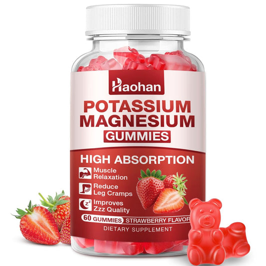 Kalium Magnesium Gummibärchen mit Elektrolyten & Vitaminen – Magnesiumglycinat, Kaliumcitrat, Calcium, Vitamine B6, D3 & K2 für Muskelfunktion & Erholung – Vegan, Erdbeer, 60 Stück