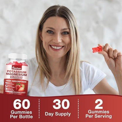 Kalium Magnesium Gummibärchen mit Elektrolyten & Vitaminen – Magnesiumglycinat, Kaliumcitrat, Calcium, Vitamine B6, D3 & K2 für Muskelfunktion & Erholung – Vegan, Erdbeer, 60 Stück