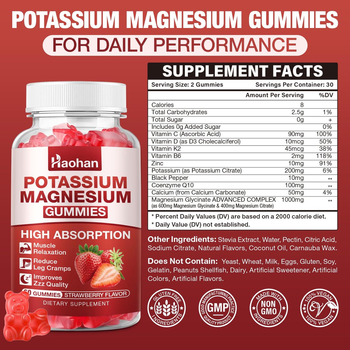 Kalium Magnesium Gummibärchen mit Elektrolyten & Vitaminen – Magnesiumglycinat, Kaliumcitrat, Calcium, Vitamine B6, D3 & K2 für Muskelfunktion & Erholung – Vegan, Erdbeer, 60 Stück