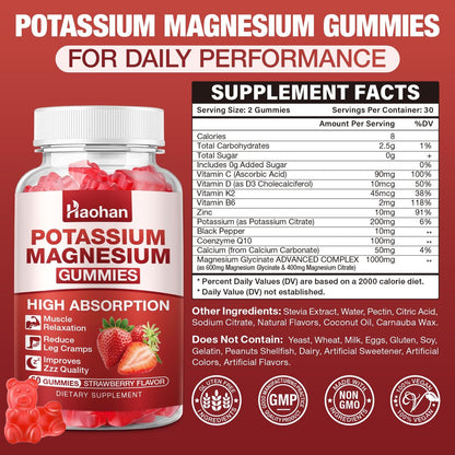 Kalium Magnesium Gummibärchen mit Elektrolyten & Vitaminen – Magnesiumglycinat, Kaliumcitrat, Calcium, Vitamine B6, D3 & K2 für Muskelfunktion & Erholung – Vegan, Erdbeer, 60 Stück