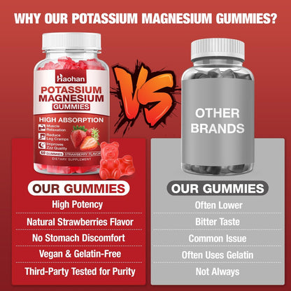 Kalium Magnesium Gummibärchen mit Elektrolyten & Vitaminen – Magnesiumglycinat, Kaliumcitrat, Calcium, Vitamine B6, D3 & K2 für Muskelfunktion & Erholung – Vegan, Erdbeer, 60 Stück