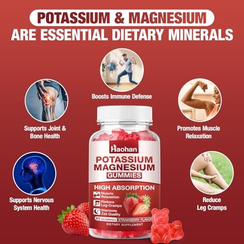 Kalium Magnesium Gummibärchen mit Elektrolyten & Vitaminen – Magnesiumglycinat, Kaliumcitrat, Calcium, Vitamine B6, D3 & K2 für Muskelfunktion & Erholung – Vegan, Erdbeer, 60 Stück
