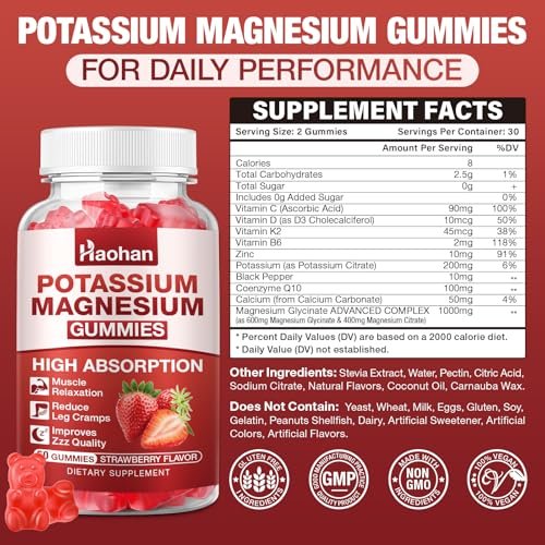 Kalium Magnesium Gummibärchen mit Elektrolyten & Vitaminen – Magnesiumglycinat, Kaliumcitrat, Calcium, Vitamine B6, D3 & K2 für Muskelfunktion & Erholung – Vegan, Erdbeer, 60 Stück
