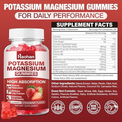 Kalium Magnesium Gummibärchen mit Elektrolyten & Vitaminen – Magnesiumglycinat, Kaliumcitrat, Calcium, Vitamine B6, D3 & K2 für Muskelfunktion & Erholung – Vegan, Erdbeer, 60 Stück