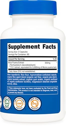 Nutricost Muira Puama Extrakt 120 Kapseln – 60 Portionen pro Flasche – Veganes, GMO-freies, glutenfreies Nahrungsergänzungsmittel für Männer und Frauen