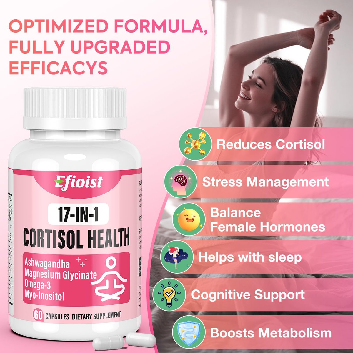 Efioist Cortisol Supplement für Frauen – 17-in-1 Hormonbalance mit Ashwagandha, Rhodiola Rosea, Magnesiumglycinat, Omega-3 – für Stimmung, Fokus und Schlaf – 60 Kapseln
