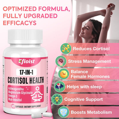 Efioist Cortisol Supplement für Frauen – 17-in-1 Hormonbalance mit Ashwagandha, Rhodiola Rosea, Magnesiumglycinat, Omega-3 – für Stimmung, Fokus und Schlaf – 60 Kapseln