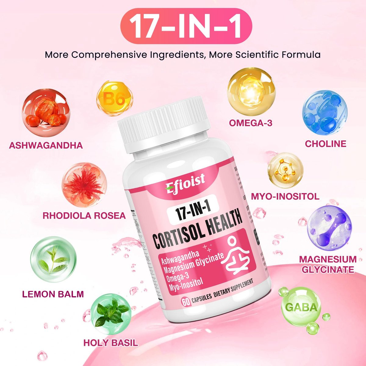 Efioist Cortisol Supplement für Frauen – 17-in-1 Hormonbalance mit Ashwagandha, Rhodiola Rosea, Magnesiumglycinat, Omega-3 – für Stimmung, Fokus und Schlaf – 60 Kapseln