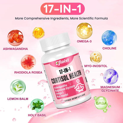 Efioist Cortisol Supplement für Frauen – 17-in-1 Hormonbalance mit Ashwagandha, Rhodiola Rosea, Magnesiumglycinat, Omega-3 – für Stimmung, Fokus und Schlaf – 60 Kapseln