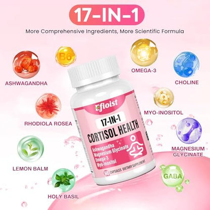 Efioist Cortisol Supplement für Frauen – 17-in-1 Hormonbalance mit Ashwagandha, Rhodiola Rosea, Magnesiumglycinat, Omega-3 – für Stimmung, Fokus und Schlaf – 60 Kapseln