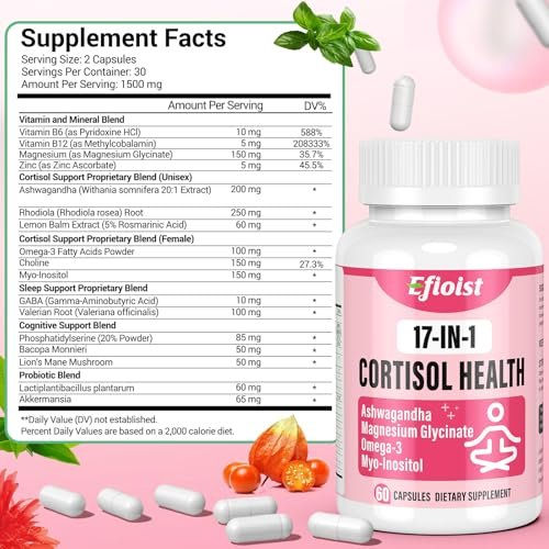 Efioist Cortisol Supplement für Frauen – 17-in-1 Hormonbalance mit Ashwagandha, Rhodiola Rosea, Magnesiumglycinat, Omega-3 – für Stimmung, Fokus und Schlaf – 60 Kapseln