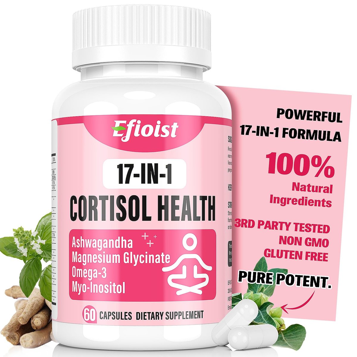 Efioist Cortisol Supplement für Frauen – 17-in-1 Hormonbalance mit Ashwagandha, Rhodiola Rosea, Magnesiumglycinat, Omega-3 – für Stimmung, Fokus und Schlaf – 60 Kapseln