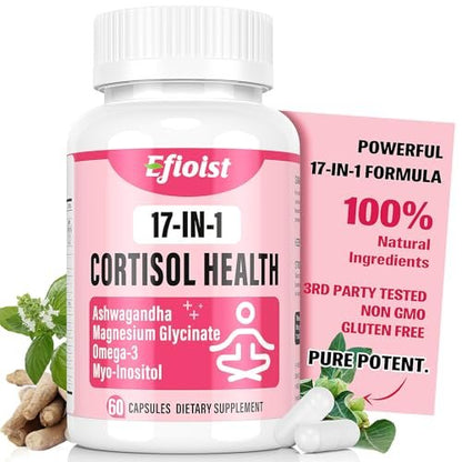 Efioist Cortisol Supplement für Frauen – 17-in-1 Hormonbalance mit Ashwagandha, Rhodiola Rosea, Magnesiumglycinat, Omega-3 – für Stimmung, Fokus und Schlaf – 60 Kapseln