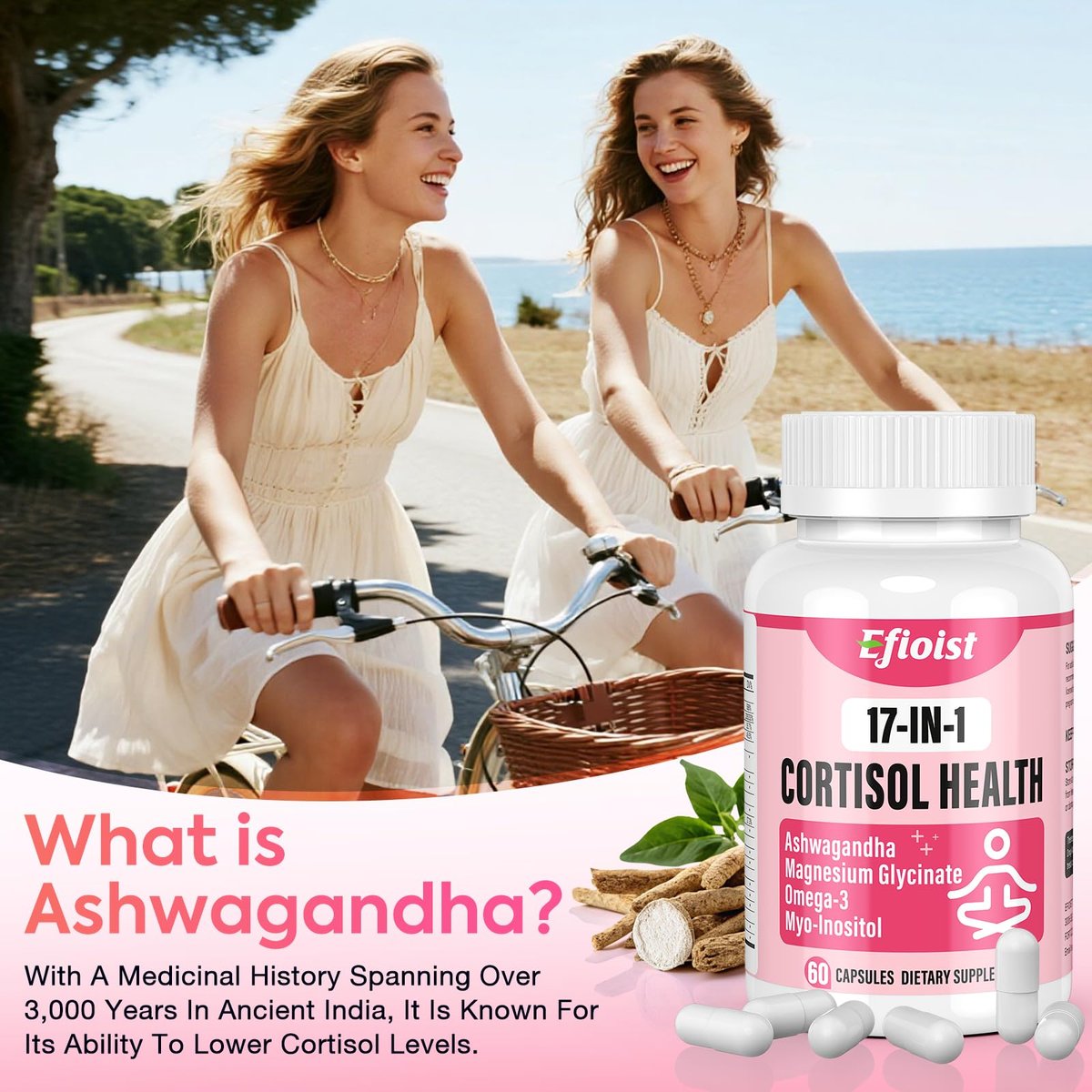 Efioist Cortisol Supplement für Frauen – 17-in-1 Hormonbalance mit Ashwagandha, Rhodiola Rosea, Magnesiumglycinat, Omega-3 – für Stimmung, Fokus und Schlaf – 60 Kapseln