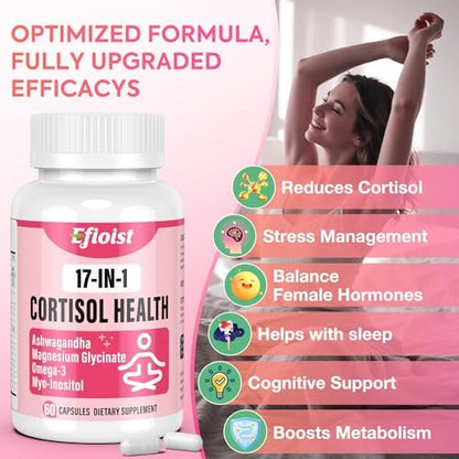 Efioist Cortisol Supplement für Frauen – 17-in-1 Hormonbalance mit Ashwagandha, Rhodiola Rosea, Magnesiumglycinat, Omega-3 – für Stimmung, Fokus und Schlaf – 60 Kapseln