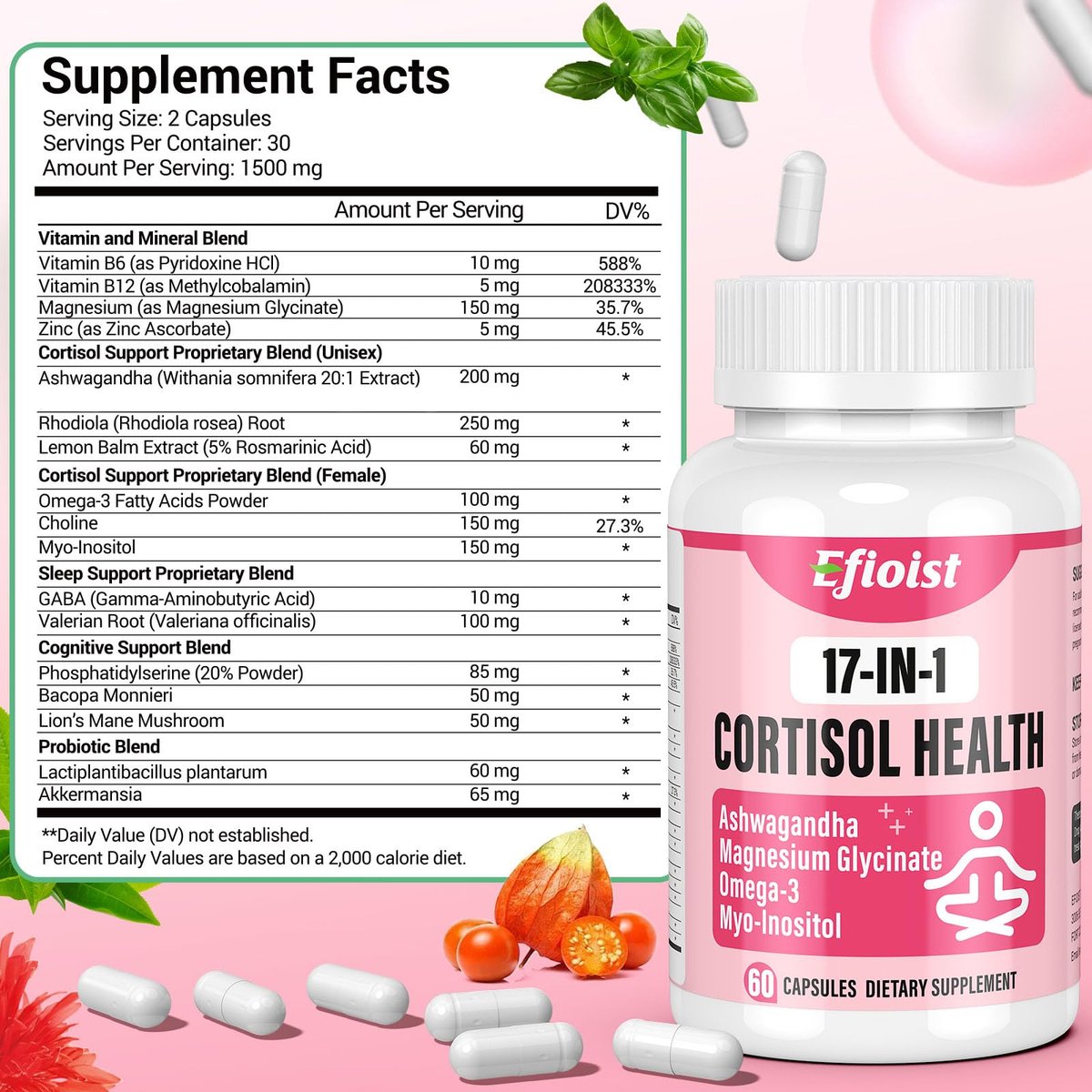 Efioist Cortisol Supplement für Frauen – 17-in-1 Hormonbalance mit Ashwagandha, Rhodiola Rosea, Magnesiumglycinat, Omega-3 – für Stimmung, Fokus und Schlaf – 60 Kapseln