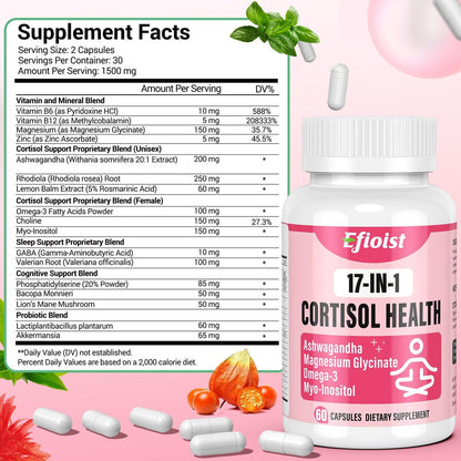 Efioist Cortisol Supplement für Frauen – 17-in-1 Hormonbalance mit Ashwagandha, Rhodiola Rosea, Magnesiumglycinat, Omega-3 – für Stimmung, Fokus und Schlaf – 60 Kapseln