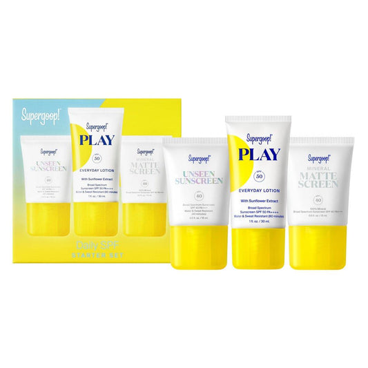 Supergoop! Täglicher SPF Starter – 3 Reisegrößen: Unseen Sunscreen SPF 40, Mineral Mattescreen SPF 40 & Play Everyday Lotion SPF 50 – nicht komedogen