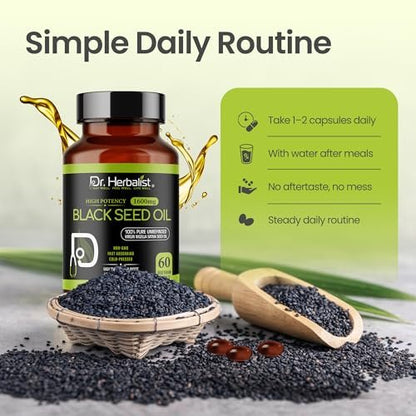 Dr. HERBALIST Schwarzkümmelöl Kapseln 1600mg - Nigella Sativa mit Thymoquinon (TQ) Unterstützt Immun- & Atemwegsgesundheit & tägliche Antioxidantien* Halal 60 Stück