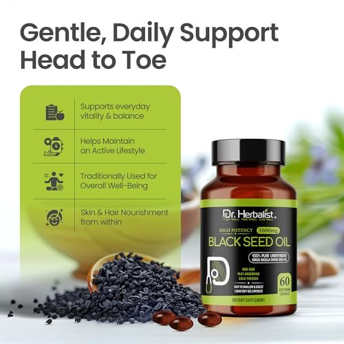 Dr. HERBALIST Schwarzkümmelöl Kapseln 1600mg - Nigella Sativa mit Thymoquinon (TQ) Unterstützt Immun- & Atemwegsgesundheit & tägliche Antioxidantien* Halal 60 Stück