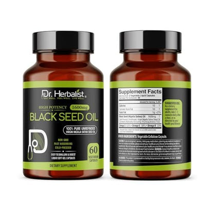 Dr. HERBALIST Schwarzkümmelöl Kapseln 1600mg - Nigella Sativa mit Thymoquinon (TQ) Unterstützt Immun- & Atemwegsgesundheit & tägliche Antioxidantien* Halal 60 Stück