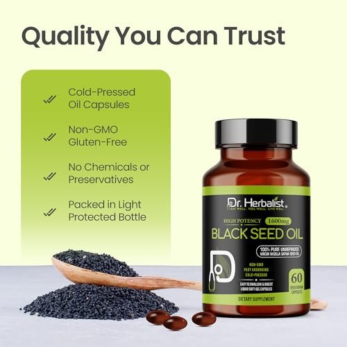 Dr. HERBALIST Schwarzkümmelöl Kapseln 1600mg - Nigella Sativa mit Thymoquinon (TQ) Unterstützt Immun- & Atemwegsgesundheit & tägliche Antioxidantien* Halal 60 Stück