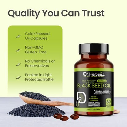 Dr. HERBALIST Schwarzkümmelöl Kapseln 1600mg - Nigella Sativa mit Thymoquinon (TQ) Unterstützt Immun- & Atemwegsgesundheit & tägliche Antioxidantien* Halal 60 Stück