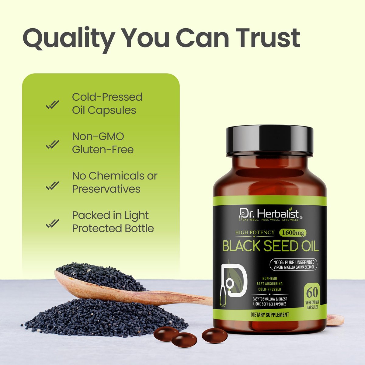 Dr. HERBALIST Schwarzkümmelöl Kapseln 1600mg - Nigella Sativa mit Thymoquinon (TQ) Unterstützt Immun- & Atemwegsgesundheit & tägliche Antioxidantien* Halal 60 Stück