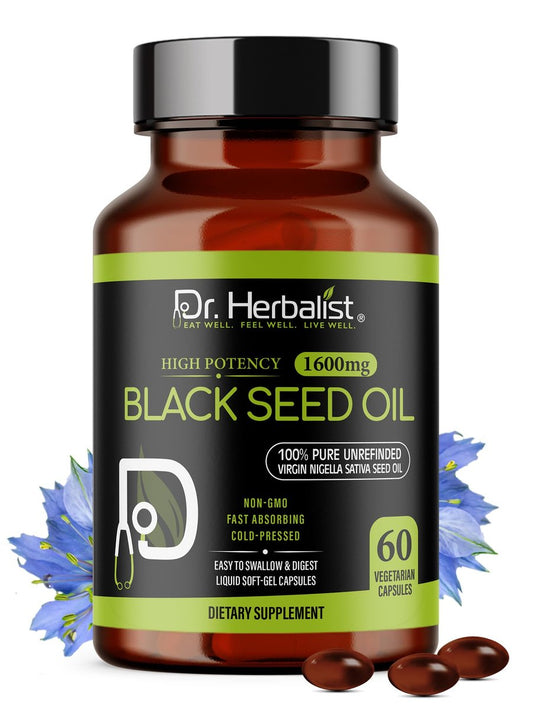 Dr. HERBALIST Schwarzkümmelöl Kapseln 1600mg - Nigella Sativa mit Thymoquinon (TQ) Unterstützt Immun- & Atemwegsgesundheit & tägliche Antioxidantien* Halal 60 Stück