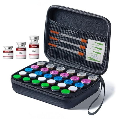 Mazentrix Peptide Vial Aufbewahrungsbox für Kühlschrank - 30 Fächer Organizer für 1-3 ml Insulinfläschchen, GLP-1, Peptide, Hartschalen-Reiseetui mit Handschlaufe, Schwarz